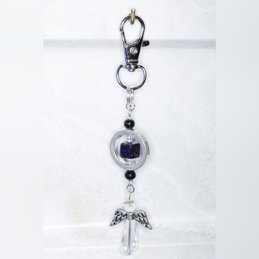 One of a Kind Handmade Framed Blue Moonstone Bead and Angel Keychain Bag Charm